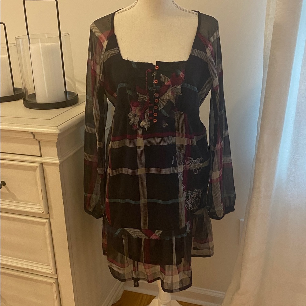 Plaid Sheer Long Sleeve Dress